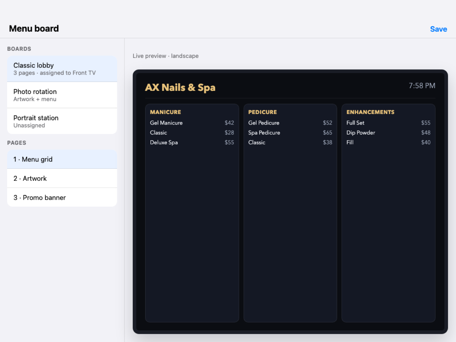 Menu board designer with live preview