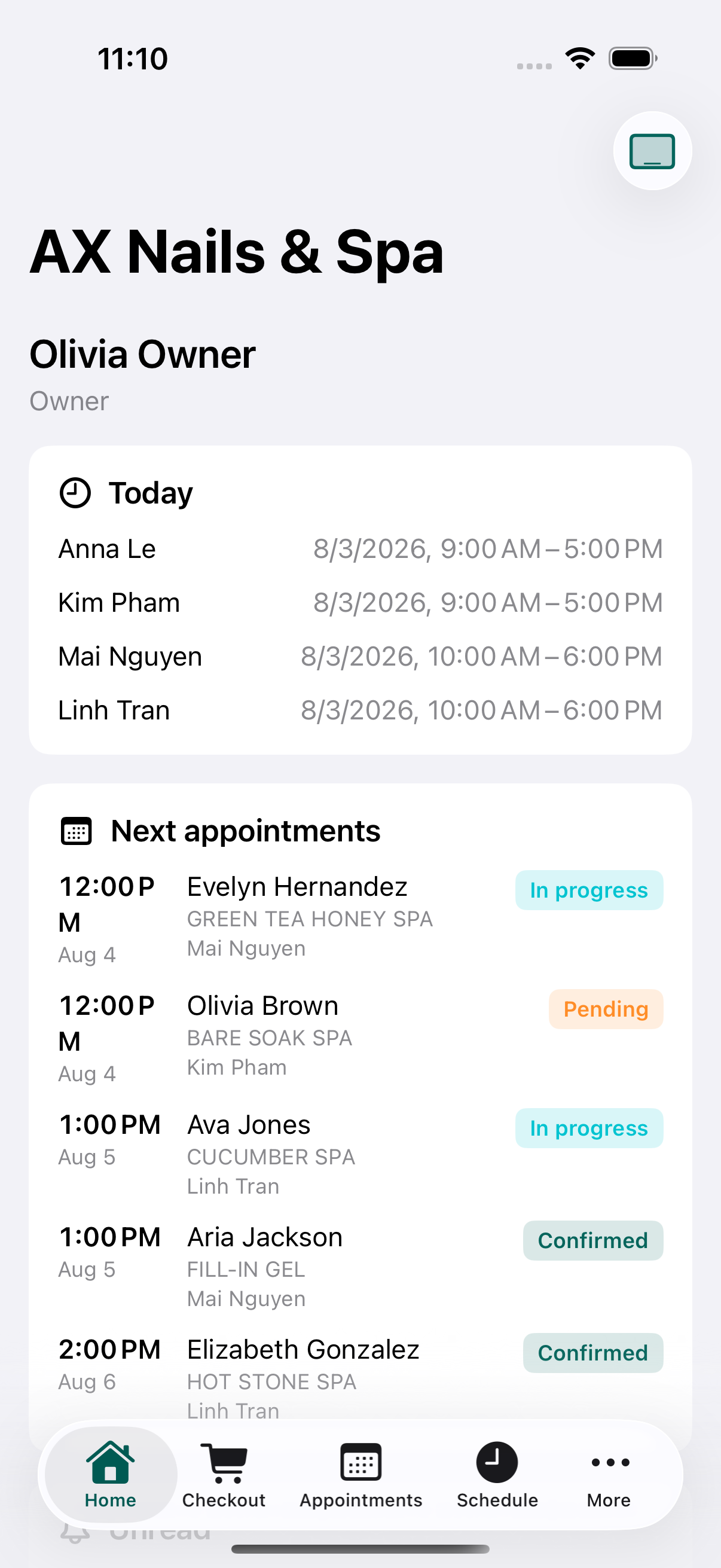 iPhone showing today's schedule and the next appointments in LuminaPOS