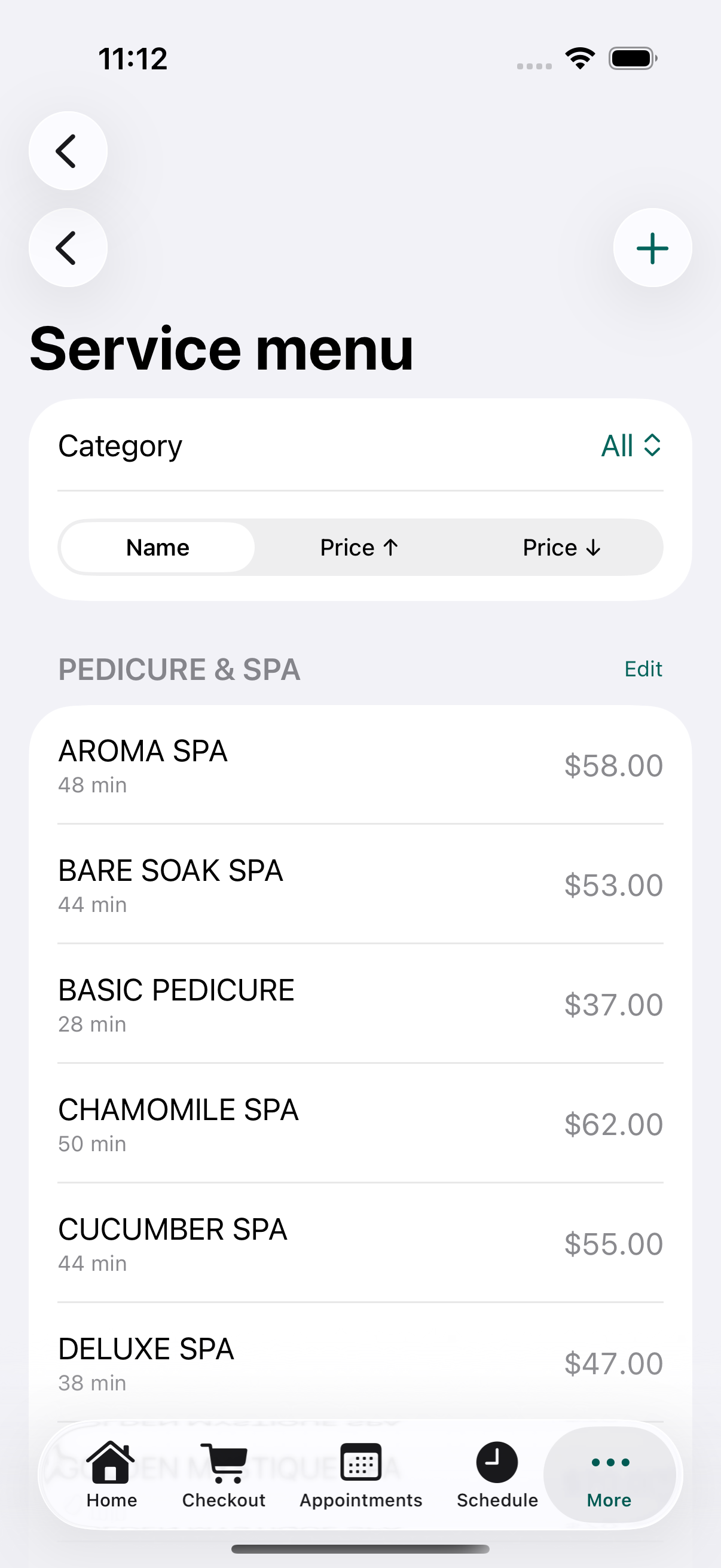 iPhone service menu in LuminaPOS