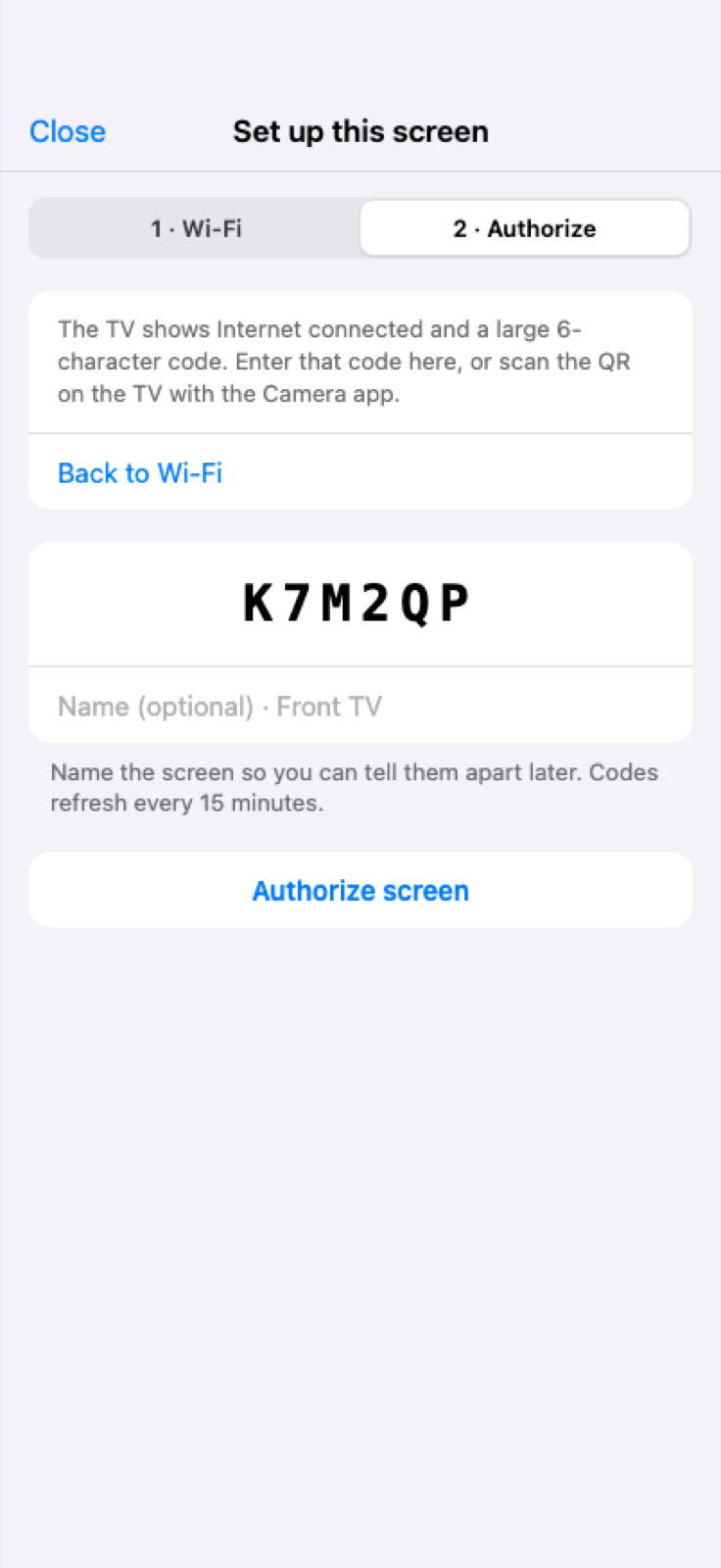 iPhone LuminaPOS app authorizing a signage screen