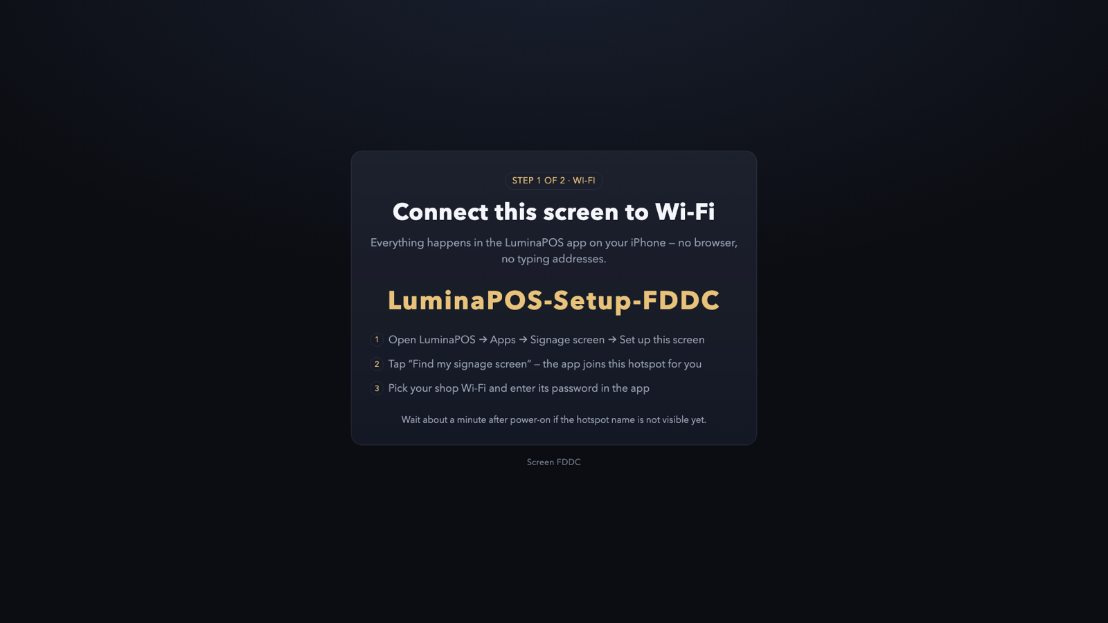 TV setup screen prompting Wi‑Fi from the LuminaPOS app