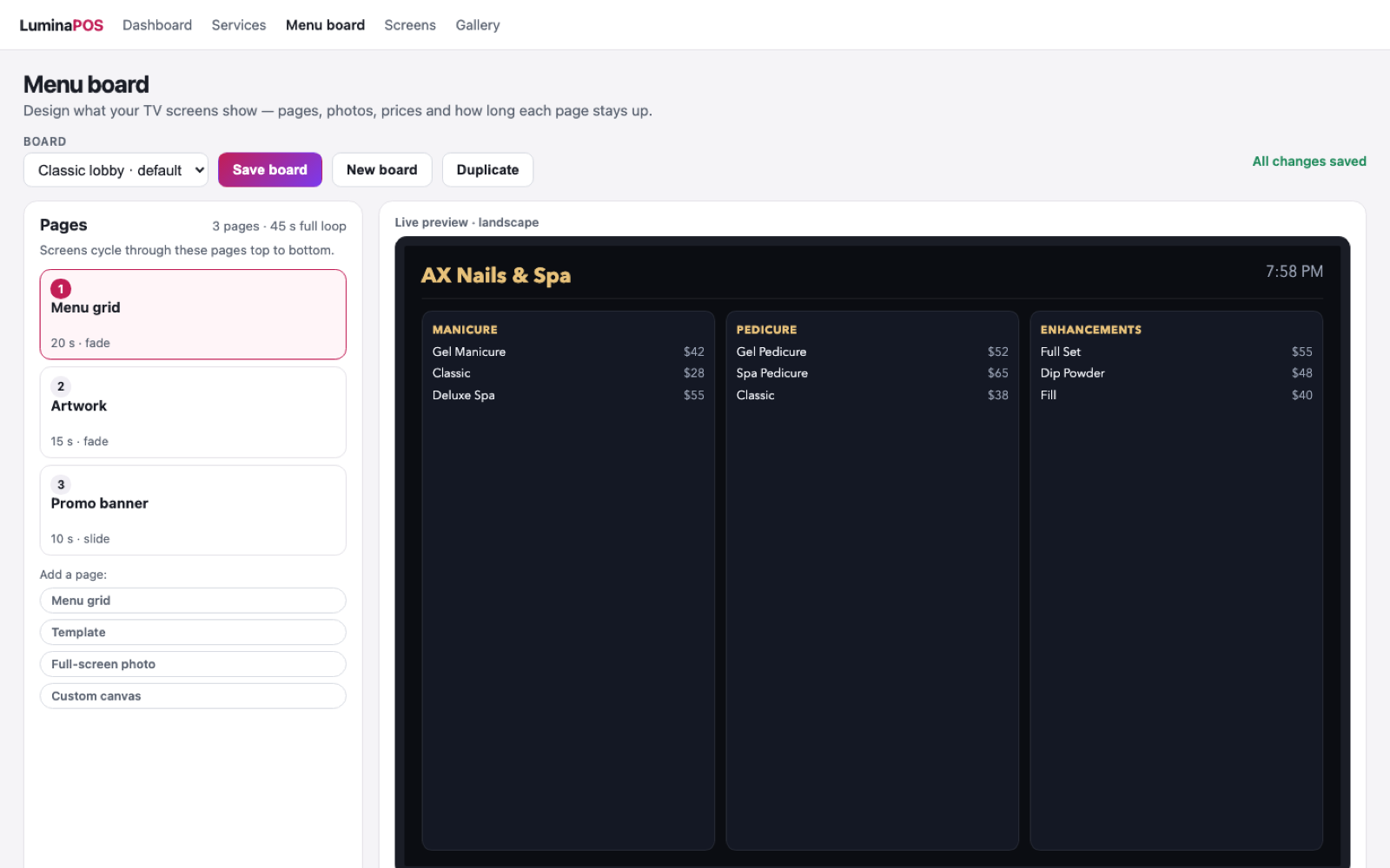 Menu board designer in the LuminaPOS web portal with live preview